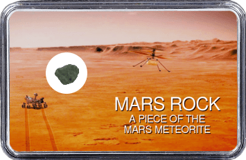 Mars Meteorit NWA 10628 (Motiv: Mars Rover Perseverance und Hubschrauber Ingenuity im Flug vor Marsgebirge)