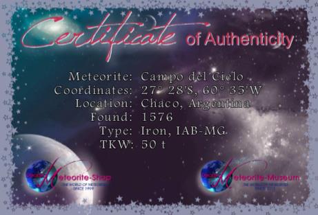 Zertifikat des Campo del Cielo Meteoriten Zertifikat des Campo del Cielo Meteoriten