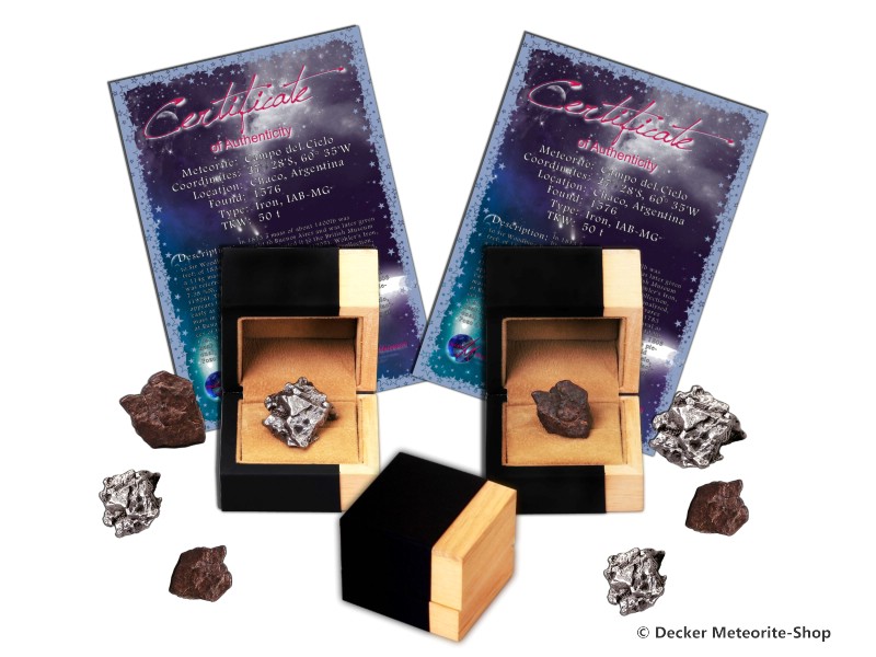 Sternschnuppe z.B. zur Taufe als Eisenmeteorit oder Steinmeteorit in Holz-Geschenkbox mit Zertifikat  und persönlicher Widmung