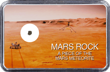 Mars Meteorit NWA 6963 (Motiv: Mars Rover Perseverance und Hubschrauber Ingenuity im Flug vor Marsgebirge)