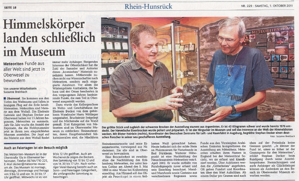 Rhein-Hunsrück-Zeitung vom 01.10.2011: Himmelskörper landen schließlich im Decker Meteorite-Museum
