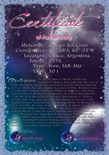Zertifikat der Campo del Cielo Sternschnuppe Campo del Cielo Zertifikat DIN A5