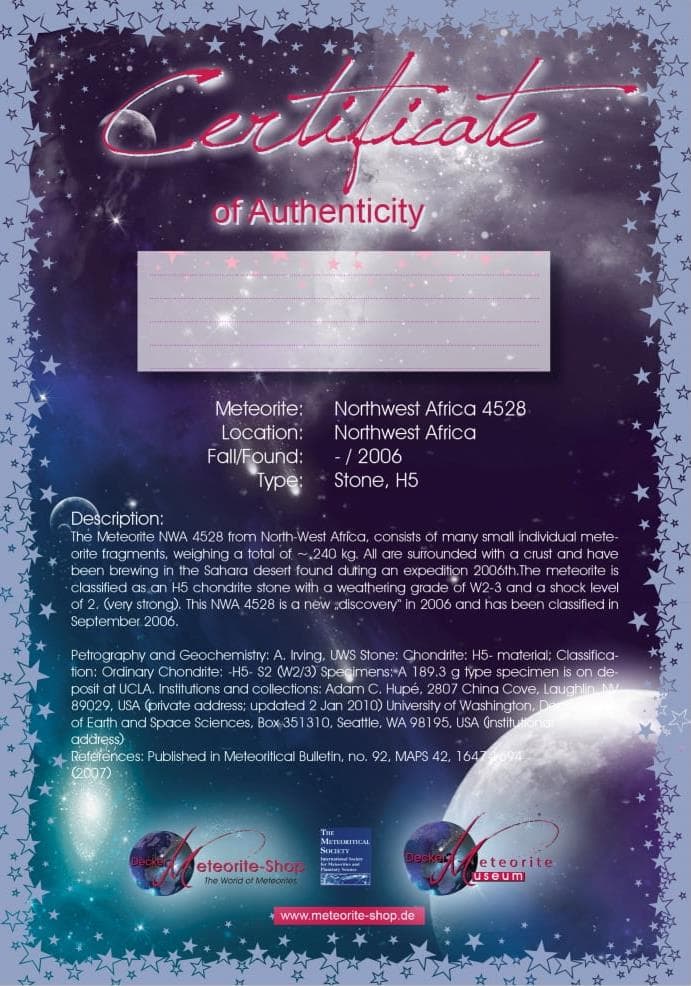 Zertifikat der Campo del Cielo Sternschnuppe Campo del Cielo Zertifikat DIN A5 mit Textfeld für persönliche Widmung und Botschaft