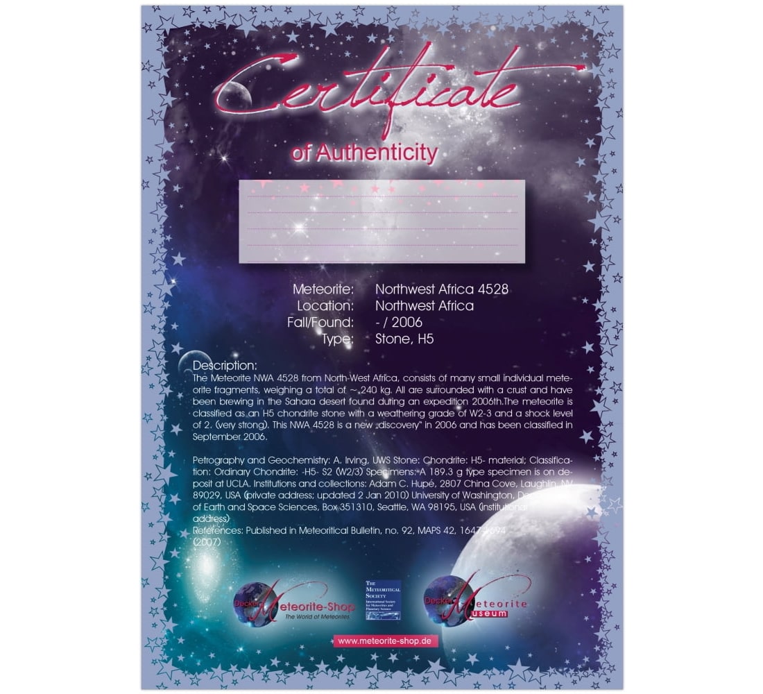 Zertifikat der Glücksbringer-Sternschnuppe mit Textfeld für Ihre persönliche und handschriftliche Widmung
