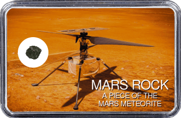 Mars Meteorit NWA 10628 (Motiv: Mars Hubschrauber Ingenuity auf Marsoberfläche in Frontansicht)