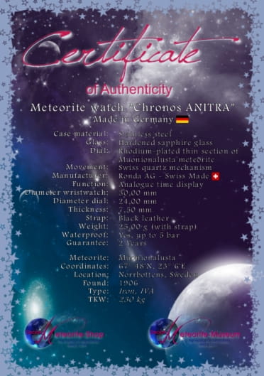 Zertifikat der Meteoriten-Uhr Chronos ANITRA